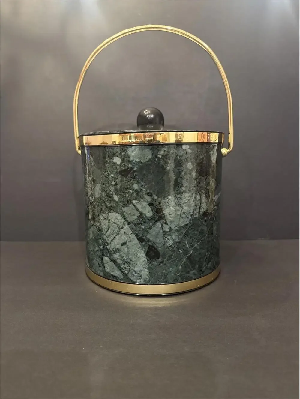 MCM Kraftware Ice Bucket Dark Green Marble Brass Barware Man Cave